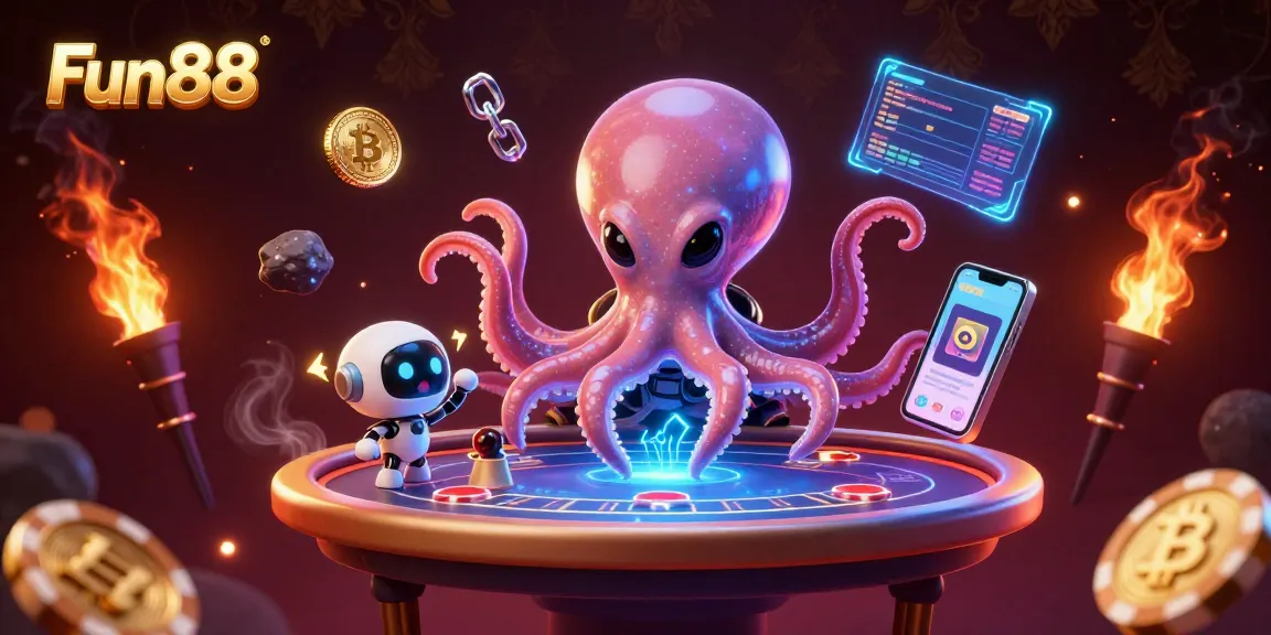 Experience the excitement of Fun88 as an alien octopus plays poker with 3D crypto elements.