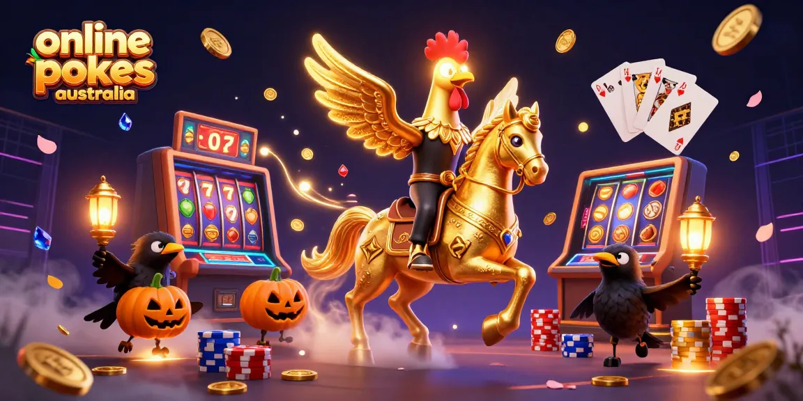 Experience online pokies Australia with a captivating 3D golden rooster and vibrant casino elements.